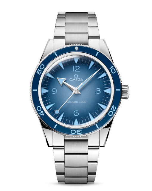 Produktbilde av Omega Seamaster 300 «Summer Blue» Co-Axial Master Chronometer 41MM med blå urskive på stållenke. Ref. O23430412103002.